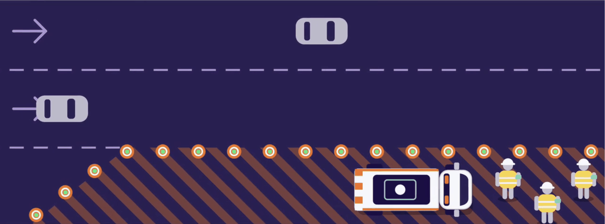 Vista de cima de uma rodovia com uma faixa bloqueada por cones com sensor de LED verde, o veículo de apoio com a estação no teto e três trabalhadores de colete com a Smart TAG no braço.