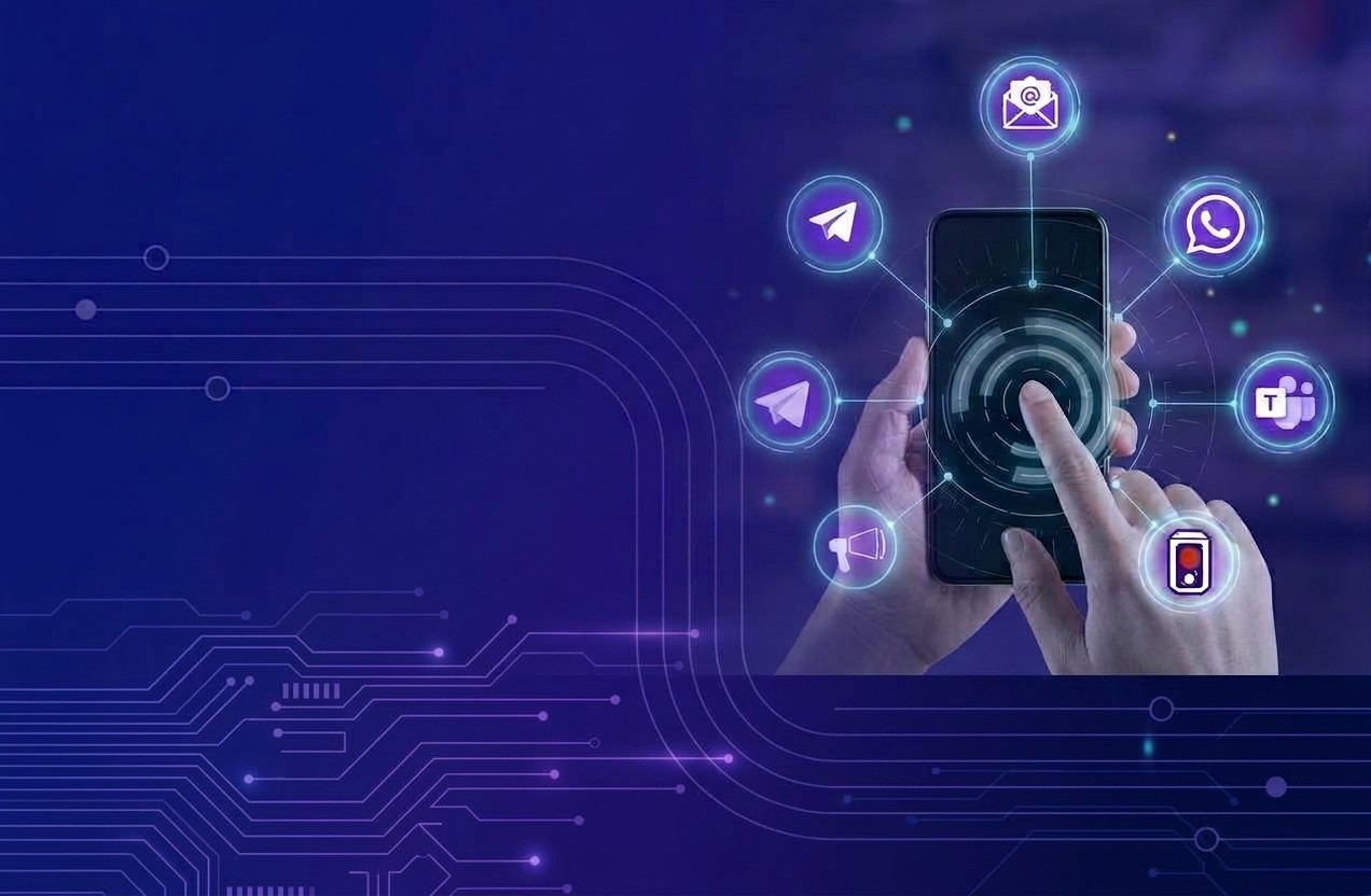 Celular recebendo notificações de e-mail, WhatsApp, Telegram, Microsoft Teams e Acione